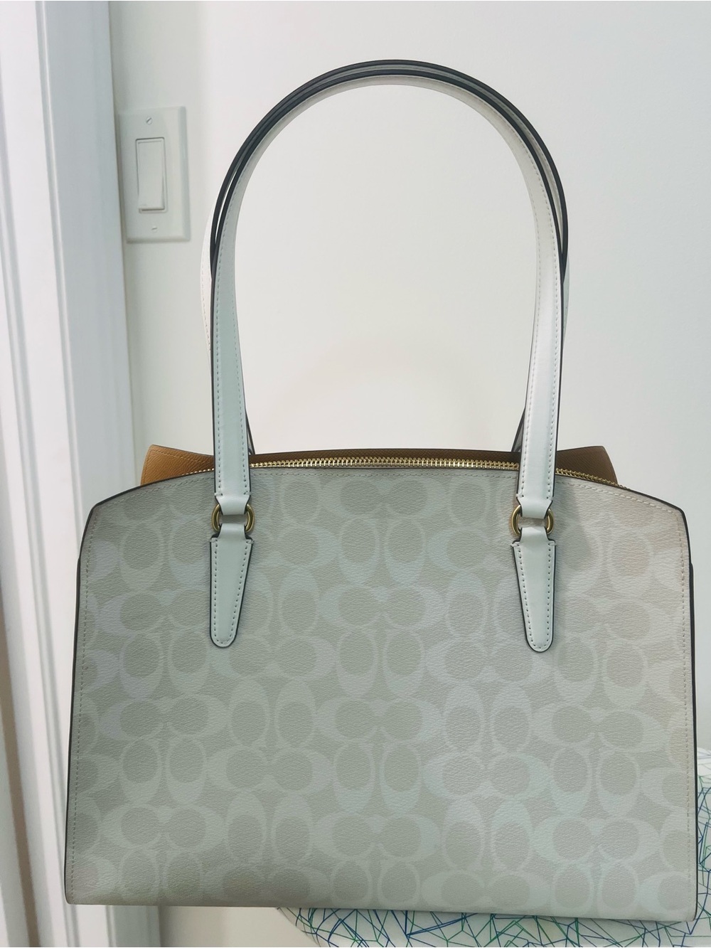 Coach Light Gray Signature Domed Shoulder Tote with Tan Accents - Picture 2 of 4